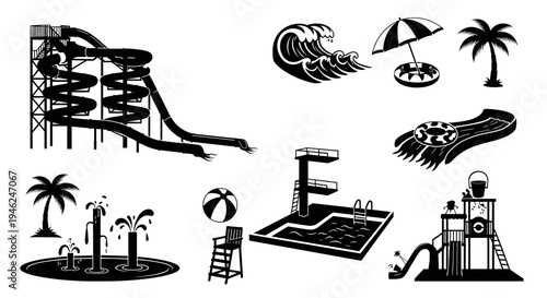 Collection of water park elements and summer fun icons for recreation and leisure