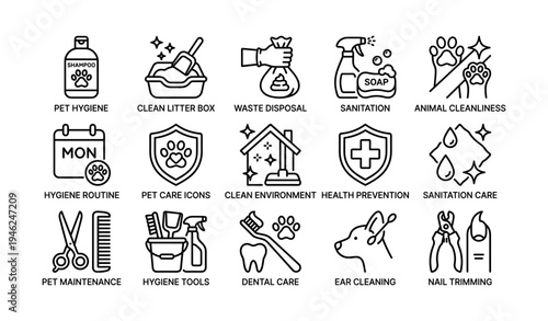Animal hygiene icons set highlighting pet care, sanitation, and cleaning tools