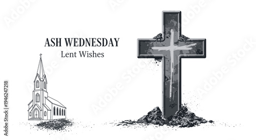 Ash wednesday cross and church illustration with lent wishes text for religious
