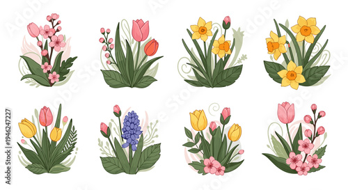 Collection of spring flower bouquets tulips daffodils hyacinths and blossoms