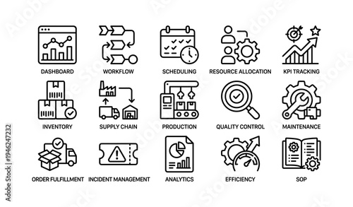 Business process icons: dashboard, workflow, scheduling, resource allocation, kpi tracking