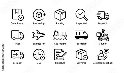 Shipment process icons set: tracking, delivery, transport, logistics, status