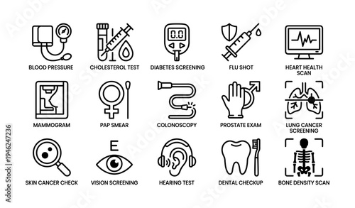 Essential health screenings icons: blood pressure, diabetes, flu shot, heart scan, cancer checks
