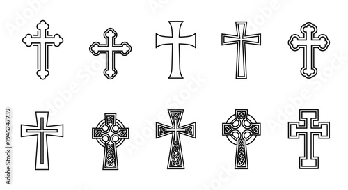 Collection of hand drawn religious cross symbols in various decorative styles