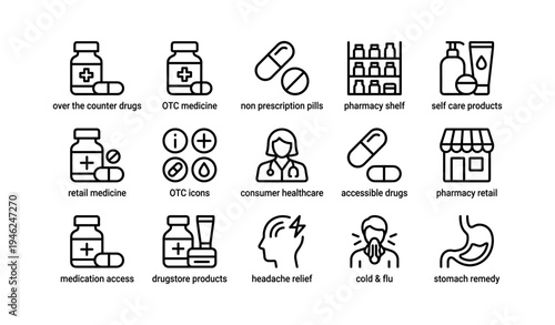 Medical icons of otc drugs and pharmacy items for self-care and relief