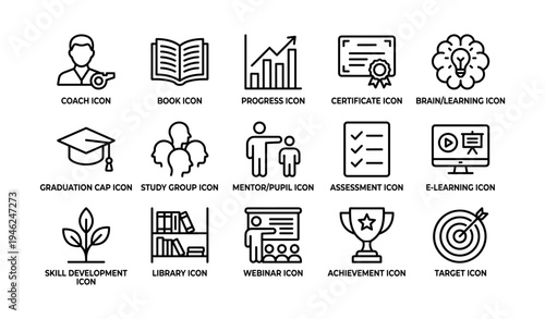 Icon set for education and learning: coach, book, progress, certificate, e-learning