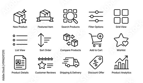 E-commerce icons set featuring shopping cart, wishlist, analytics, and more