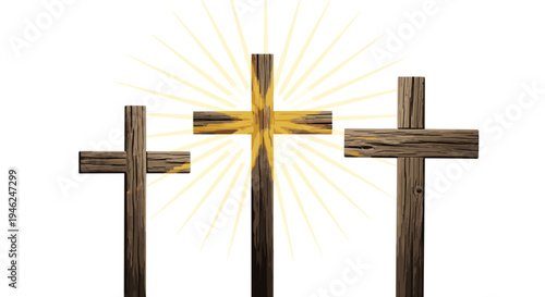 Three rustic wooden crosses with a glowing golden light emanating from the center
