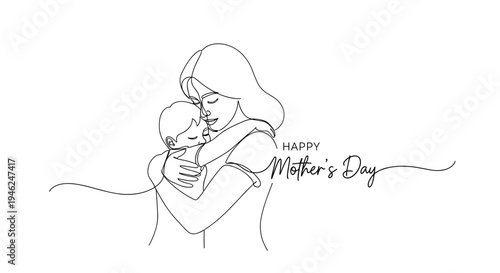 Happy mother's day simple line art drawing of mother embracing baby with love