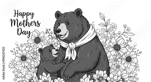 Happy mothers day greeting with loving bear mother and cub surrounded by floral