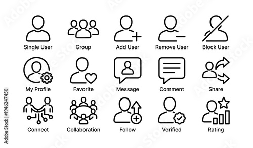 User interface icons: profile, collaboration, messaging, sharing, rating