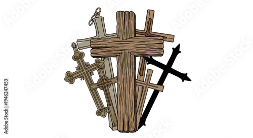 Collection of various wooden and metal crosses symbolizing faith and spirituality