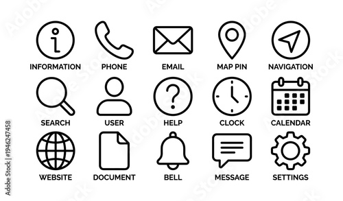 Set of 15 black outline icons for navigation, communication, and settings