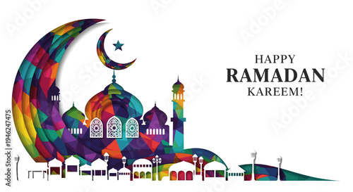 Vibrant ramadan kareem greeting with colorful mosque and crescent moon illustration