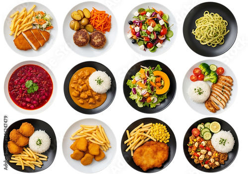 Variety of Popular Meals Collage with Fried Chicken, Pasta, Salads, and Snacks Isolated on White