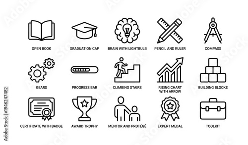 Educational icons: book, cap, brain, tools, growth, trophy, certificate, gear, chart