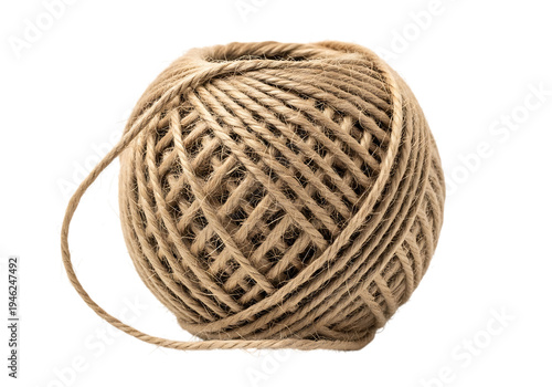 Close-up of a rustic ball of natural jute twine or string isolated on a white background.