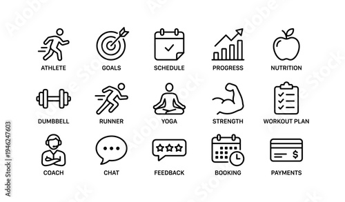 Fitness and wellness icons: workout, nutrition, schedule, strength, progress
