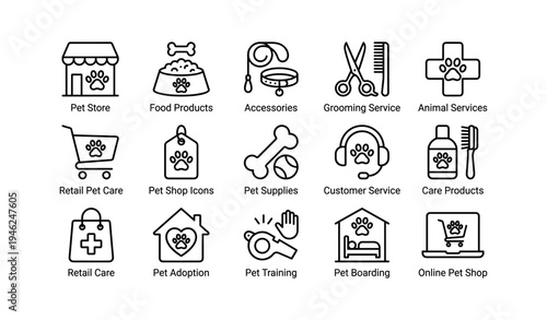 Pet store icons: retail, grooming, training, boarding, adoption, health services