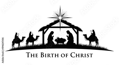 Nativity scene silhouette of the birth of christ with three wise men and camels