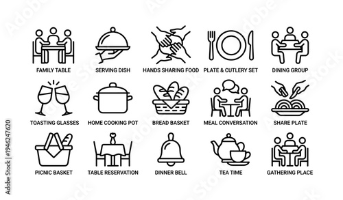 Dining icons: table settings and food sharing illustrations