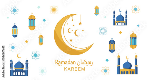 Golden crescent moon and islamic mosques with ramadan kareem text and lanterns