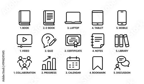 Education icons: book, e-book, laptop, tablet, mobile, video, quiz