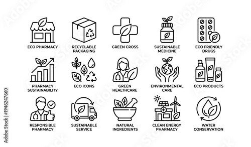 Eco pharmacy icons highlighting sustainable healthcare and environmental care
