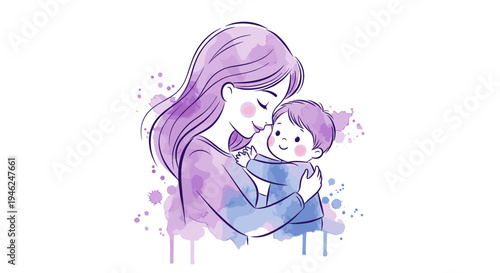 Watercolor illustration of a mother tenderly embracing her child with soft purple