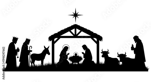 Christmas nativity scene silhouette with star of bethlehem and stable animals