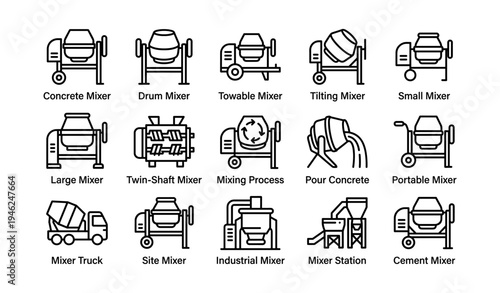 Various concrete mixers: drum, towable, tilting, twin-shaft, pour, industrial