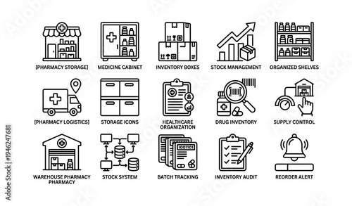 Pharmacy inventory management icons set with medicine storage and logistics symbols