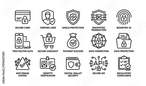 Icons illustrating secure card, verified user, and payment success concepts