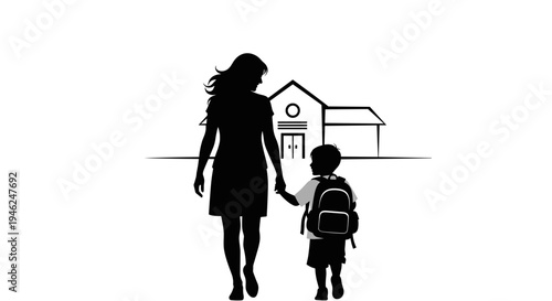 Mother holding child's hand walking towards school building with backpack