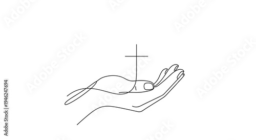 Open hand holding a simple cross symbol in continuous line art style