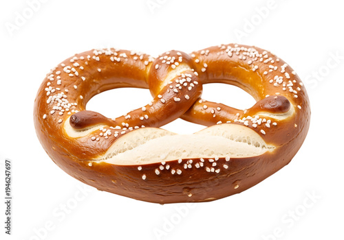 Traditional German soft pretzel with coarse salt isolated on a white background.