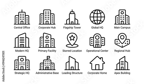 Modern building icons: offices, towers, and facilities in black and white