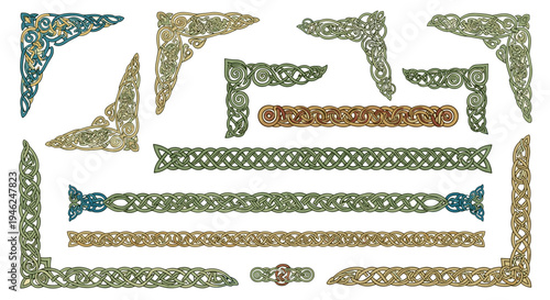 Collection of celtic knot borders and corner ornaments in earthy tones