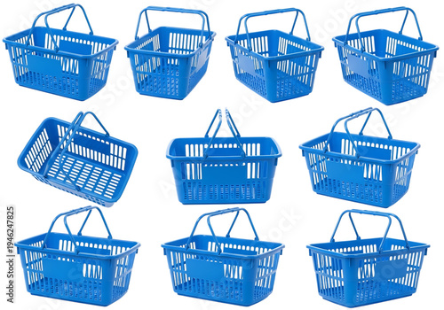 Multiple views of empty blue plastic shopping baskets arranged on a white background.