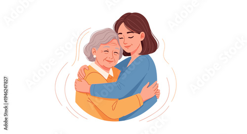 Generations embracing young woman hugs elderly grandmother with tenderness