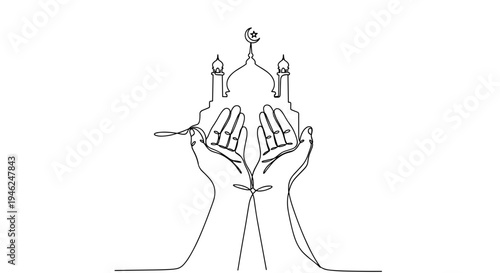 Continuous line drawing of open praying hands reaching towards a mosque dome