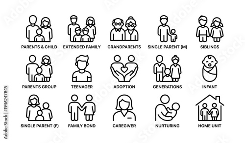 Family icons collection: parents, children, grandparents, siblings, and more