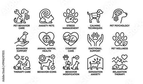 Pet behavior icons set: stress management, emotional support, calming techniques, wellness, therapy