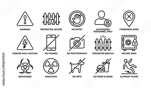 Security and safety icons set for restricted and hazardous areas