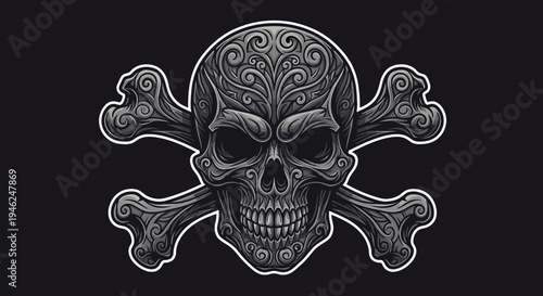 Intricate Ornate Skull and Crossbones Design on Dark Background. Detailed Vintage Style Grim Symbol of Danger and Mortality.