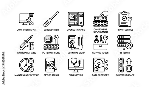 Icon set for computer repair and maintenance with tools and services