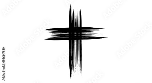 Black ink brush stroke cross symbol isolated on white background spiritual concept