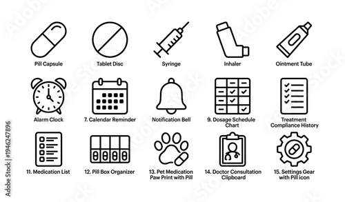 Medical icons set featuring medication and health management tools