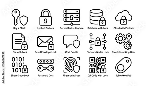 Security icons set: locks, keys, and digital protection symbols