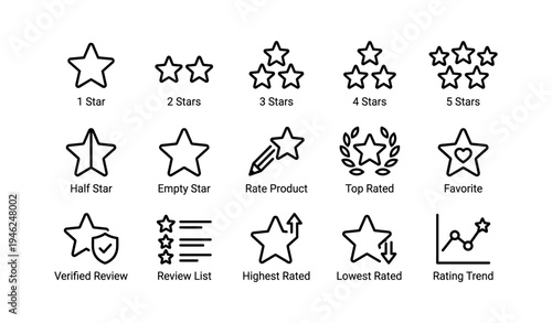 Icon set of star ratings and reviews for rating systems and feedback